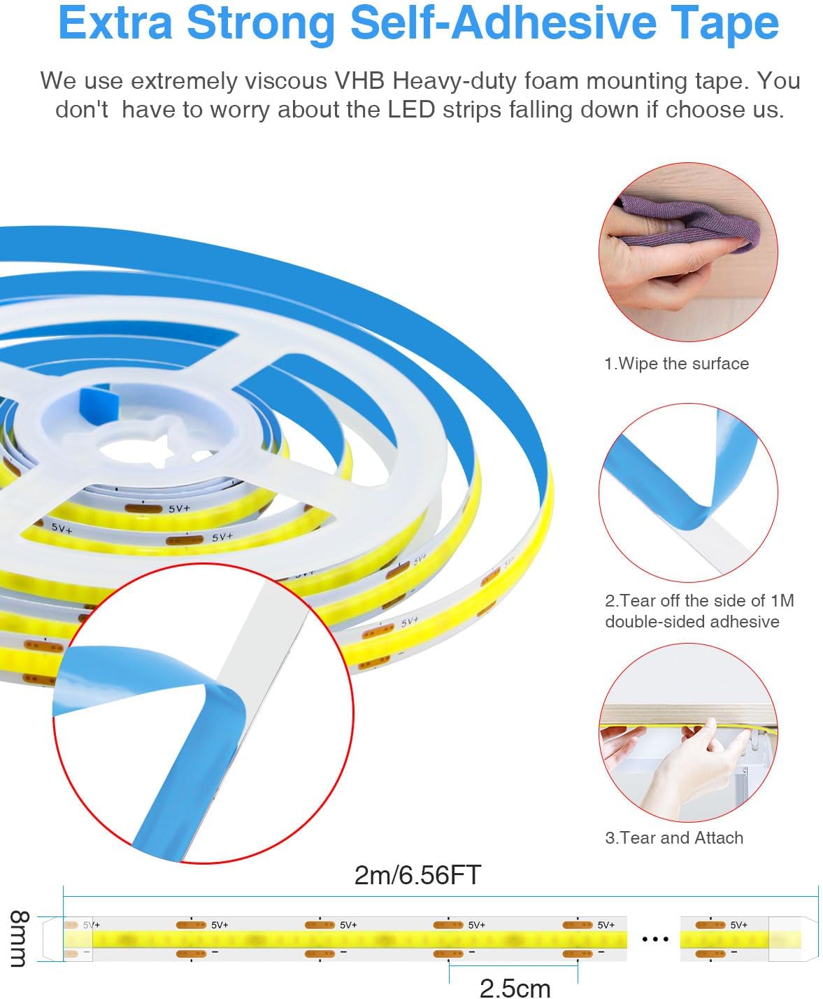 Thumbnail 6 de Aclorol 2M USB COB LED Strip – 4 m insgesamt, 6000K, dimmbar, selbstklebend