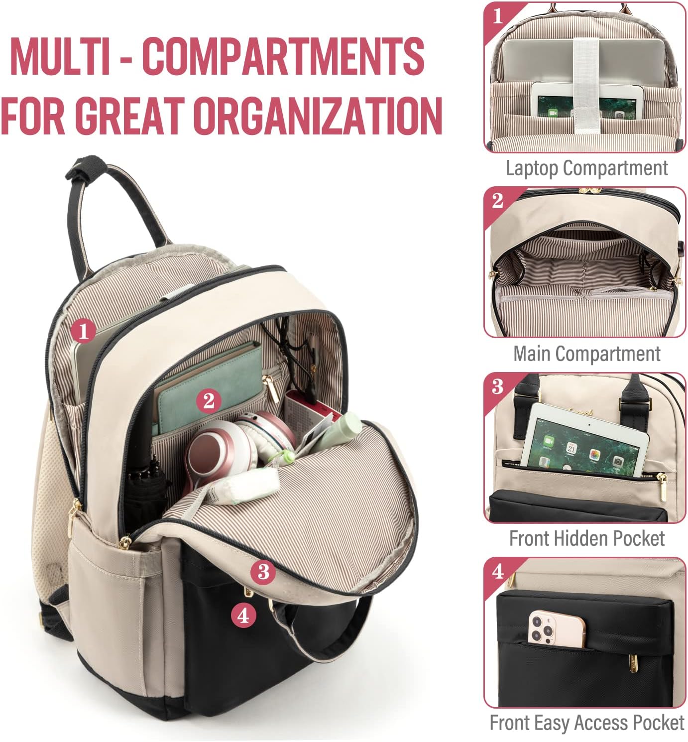 Detalle 2 de LOVEVOOK Sac à Dos Femme 15,6" – Imperméable, Antivol avec Port USB et Compartiment PC, Noir-Beige