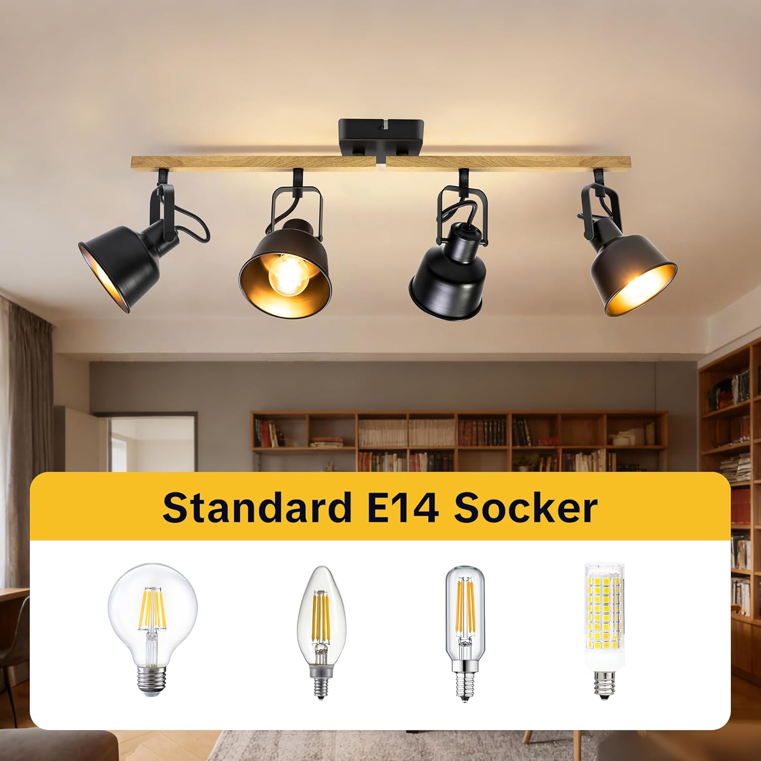 Thumbnail 4 de Deckenstrahler 4-flammig, schwenkbar (350°) – Vintage LED Deckenleuchte mit E14-Fassung, Schwarz (ohne Leuchtmittel)