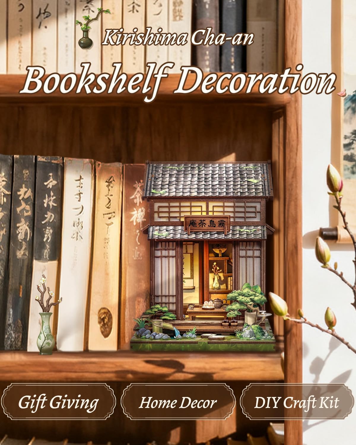 Detalle de CUTEBEE Book Nook Kirishima Cha-an — Japanese Tea House DIY Mini Dollhouse Kit for Adults