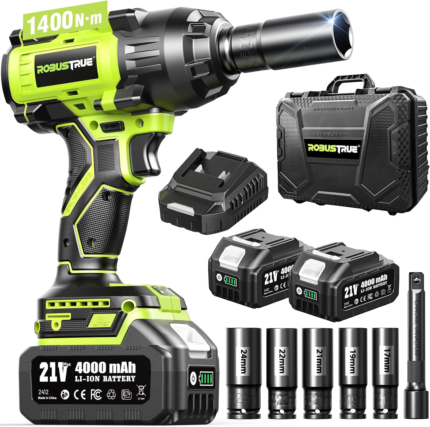 Detalle de Robustrue 1/2 Zoll Akku-Schlagschrauber mit bis zu 1600 N·m – 2×4,0 Ah, Schnellladegerät und Zubehör