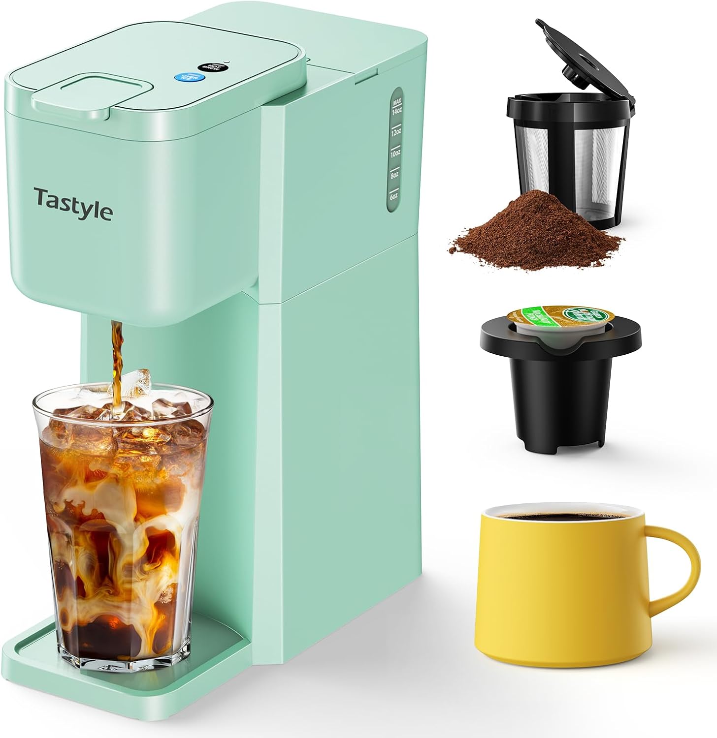 Detalle de Tastyle Mini Hot and Iced Coffee Maker: 1-Serve, K Cup or Grounds, 6–14oz, Mint