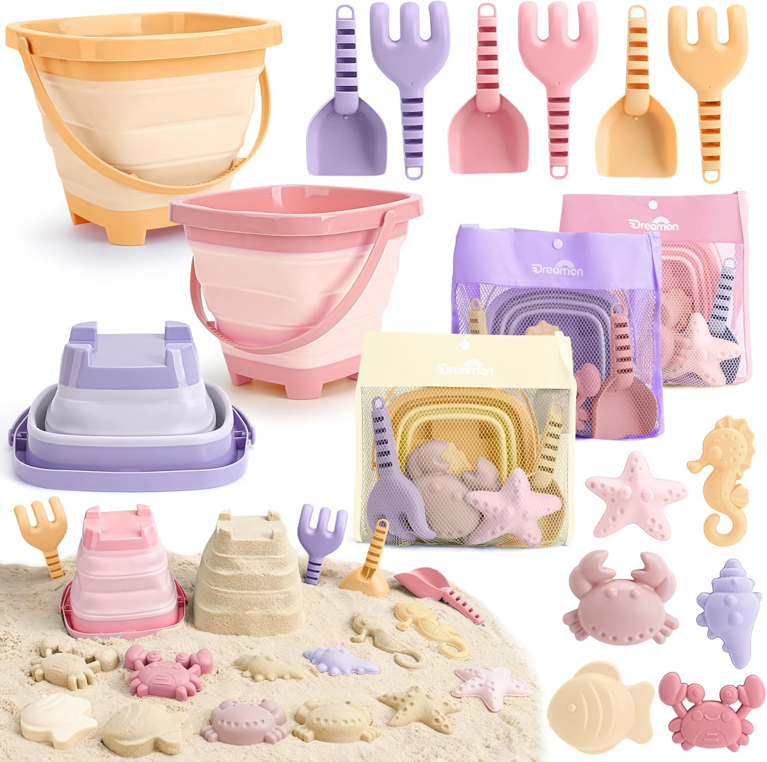 Detalle de Dreamon Sandspielzeug Strandset, 18-tlg. inkl. faltbarem Eimer – für Kinder ab 3 Jahren
