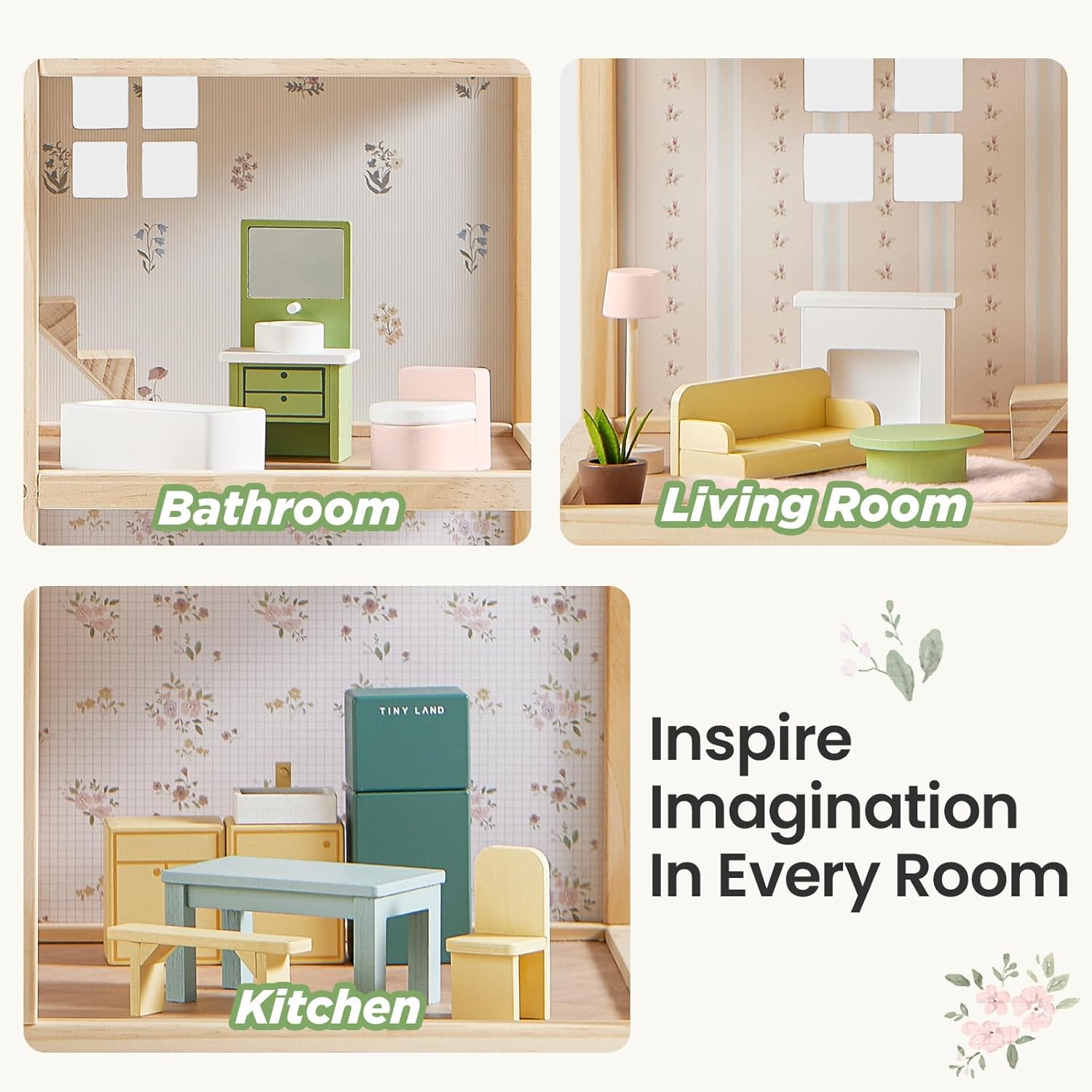 Detalle de Tiny Land Wooden Dollhouse for Girls – 6 Rooms, 31-Piece Furniture Set, Green