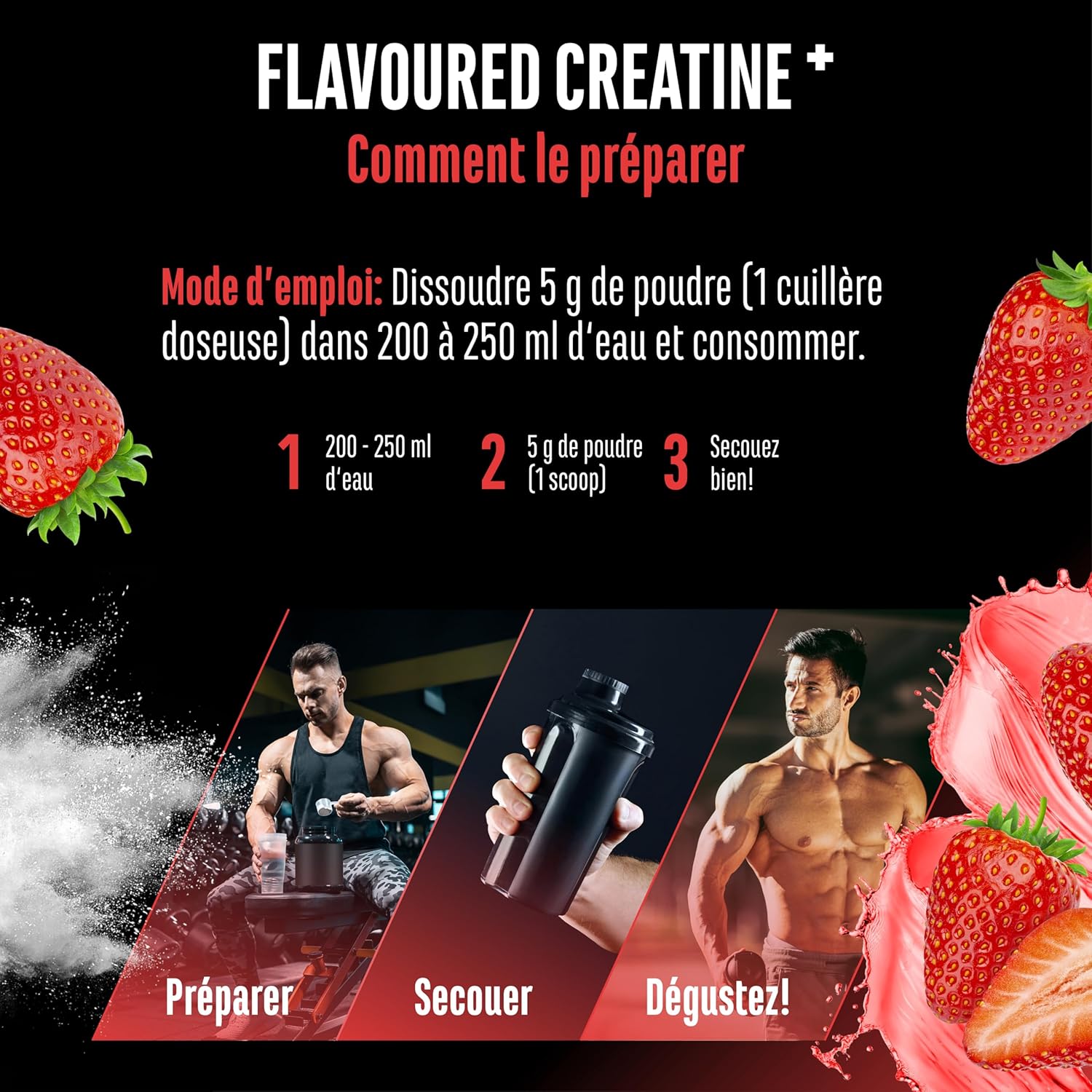 Thumbnail 6 de Flavoured Creatine poudre – 550 g, Creatine Monohydrate + L-taurine, Saveur Fraise – vegan & sans sucre