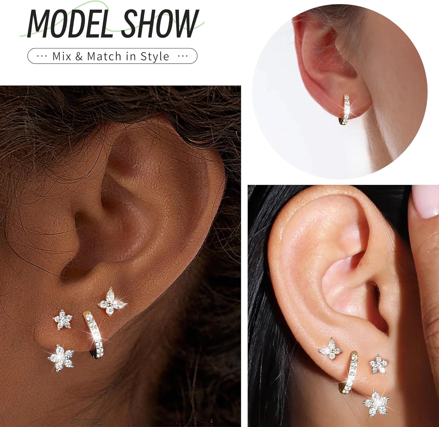 Thumbnail 3 de Macachii sterling silver earrings set: 3 pairs of small stud hoop climber ear stack earrings