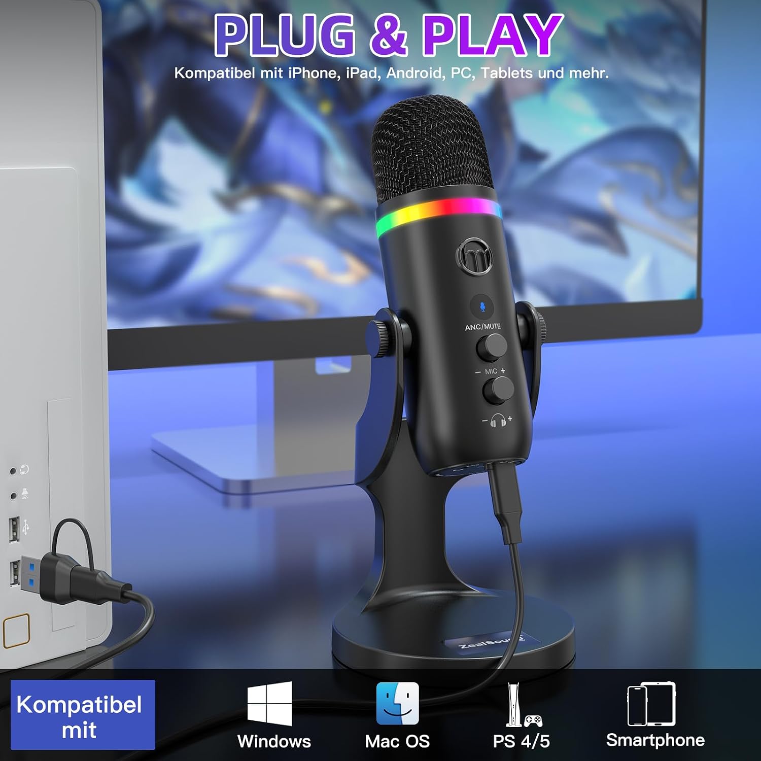 Detalle 2 de Zealsound K66 Pro USB Kondensator-Mikrofon – Plug & Play für PC, Laptop, Gaming & Streaming