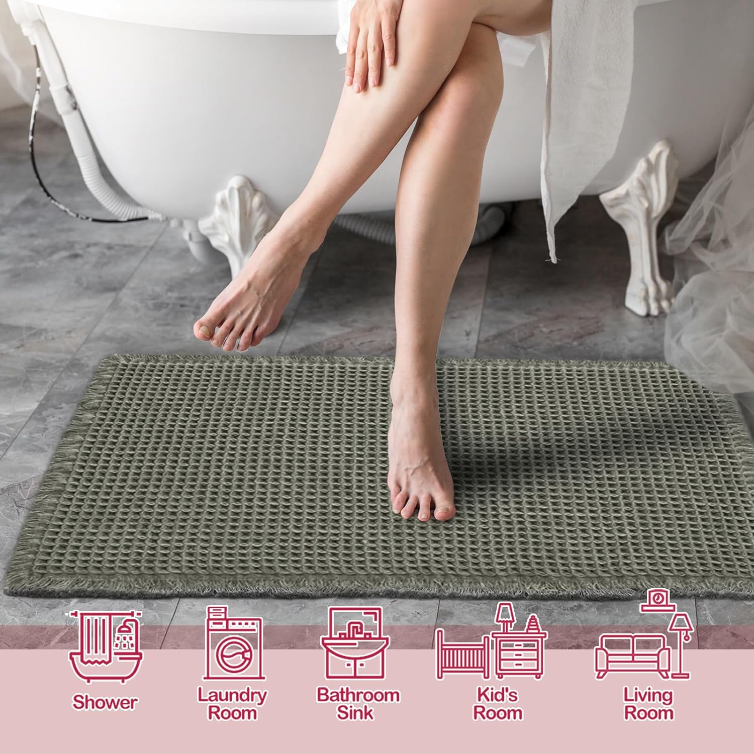 Detalle 2 de ZALL Waffle Bath Mat: Ultra-Soft, Absorbent, Non-Slip Bath Rug in Dark Green (18x30 inches)