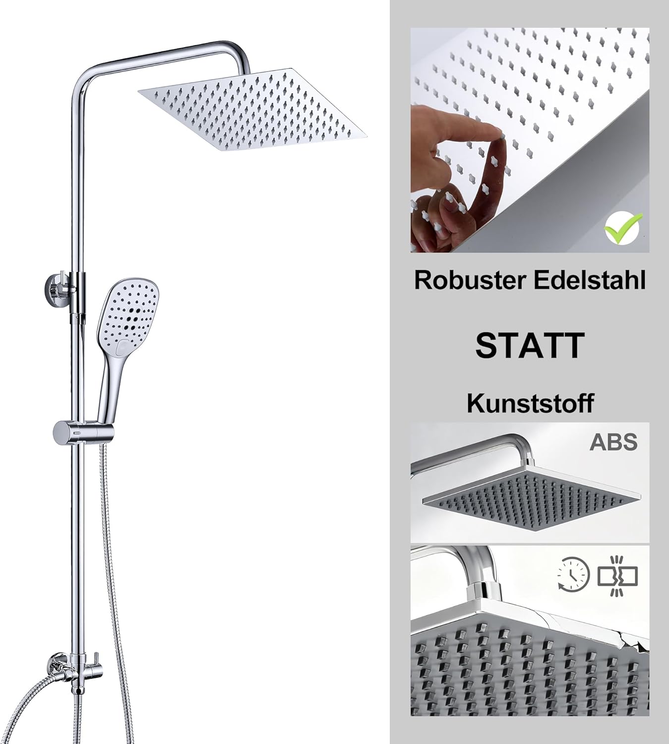 Thumbnail 1 de JOHO Duschset ohne Armatur mit 20×20 cm Regendusche, Handbrause und höhenverstellbarer Stange (Chrom/Edelstahl)