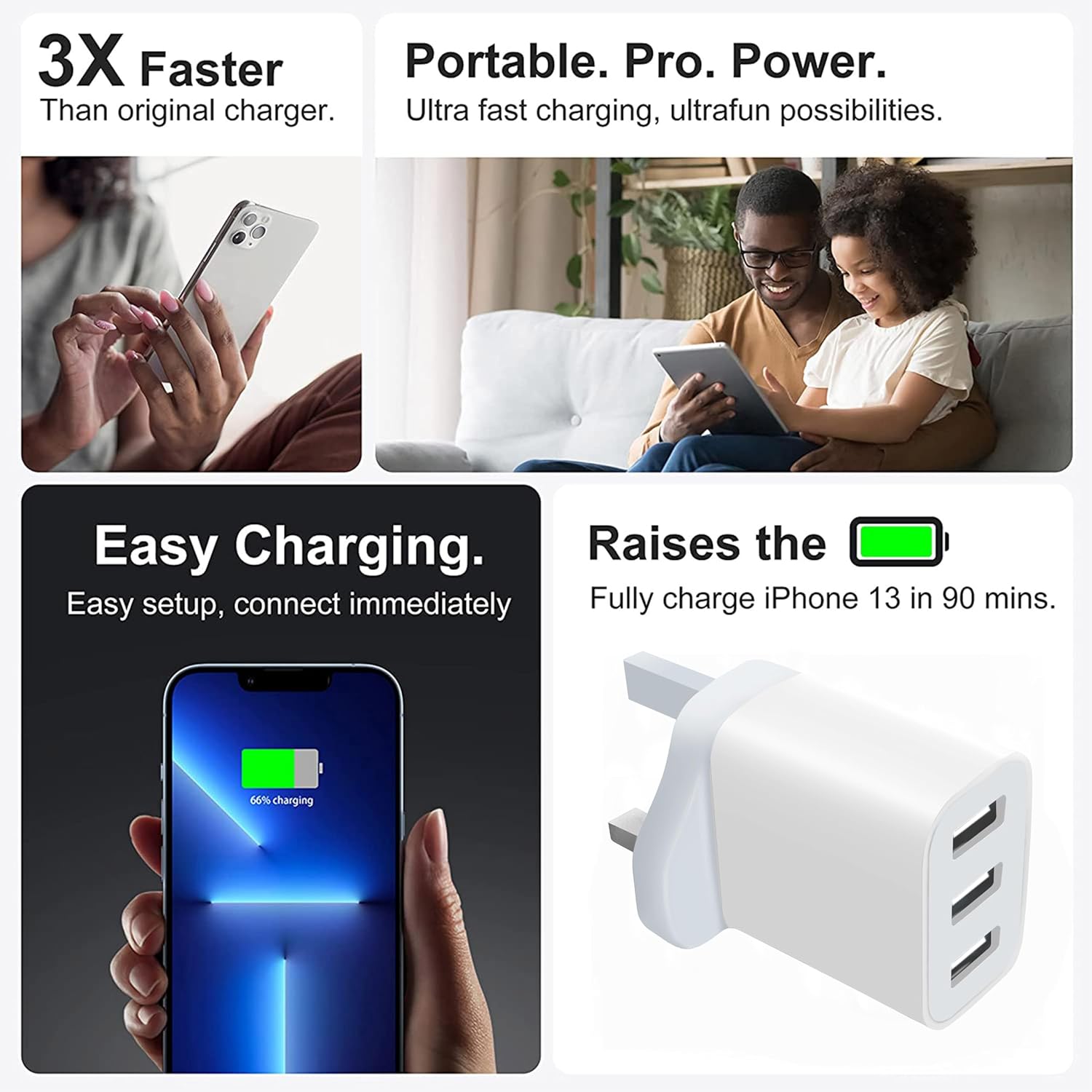 Detalle de 3 Pack UK Plug USB Wall Charger with 3 Ports (White-3P) – Multi-Device Fast Charging Adapter
