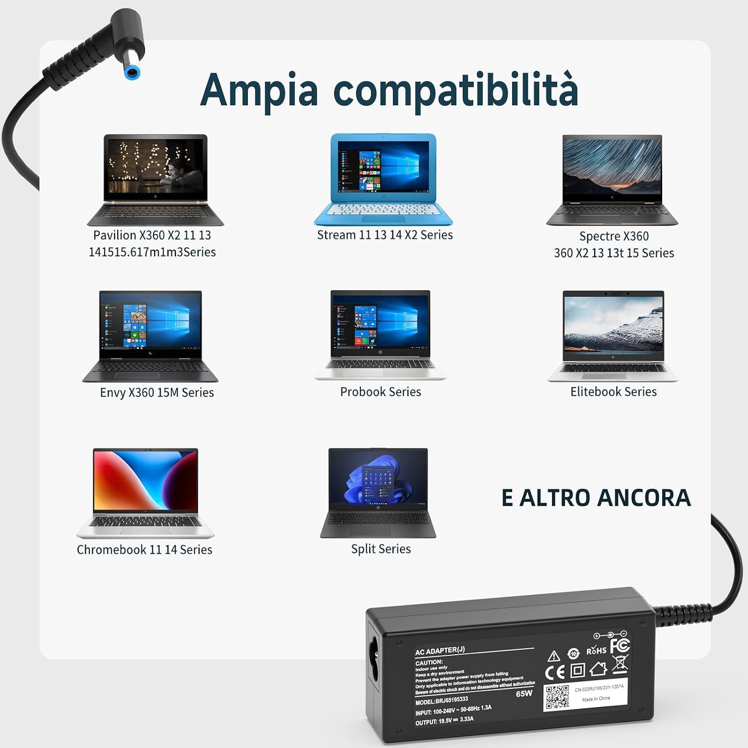 Detalle 2 de Caricatore 65W Compatibile con HP EliteBook, Pavilion, Stream e ProBook (4,5 × 3,0 mm) – 19,5V 3,33A