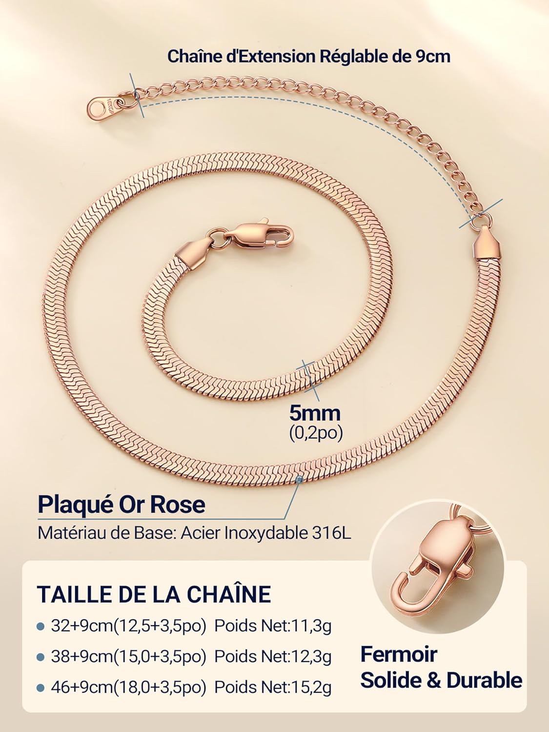 Thumbnail 2 de PROSTEEL Collier Femme - Chaîne miroir plaqué or rose, inox 316L, 46 cm (3/5 mm)