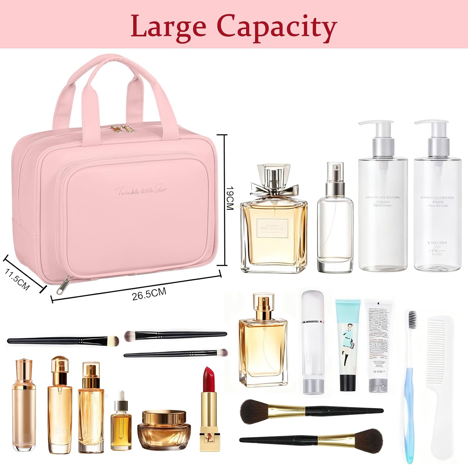 Thumbnail 1 de SYEXDZON Full Size Toiletry Bag: Large Wide-Open Travel Cosmetic Case (Pink)