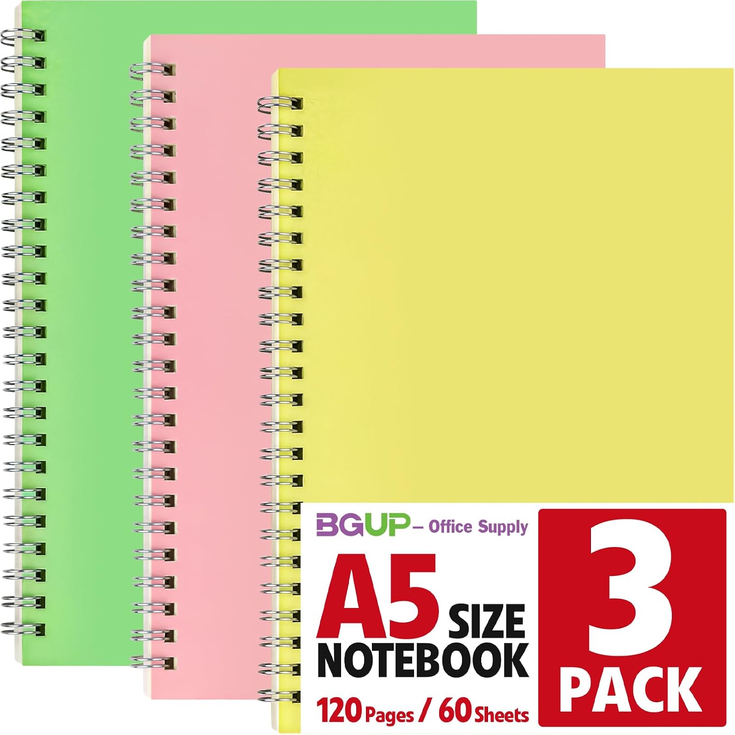 Detalle de BGUP 3-Pack A5 Spiral Notebooks, 120 Pages, 80 GSM Wide-Ruled Paper