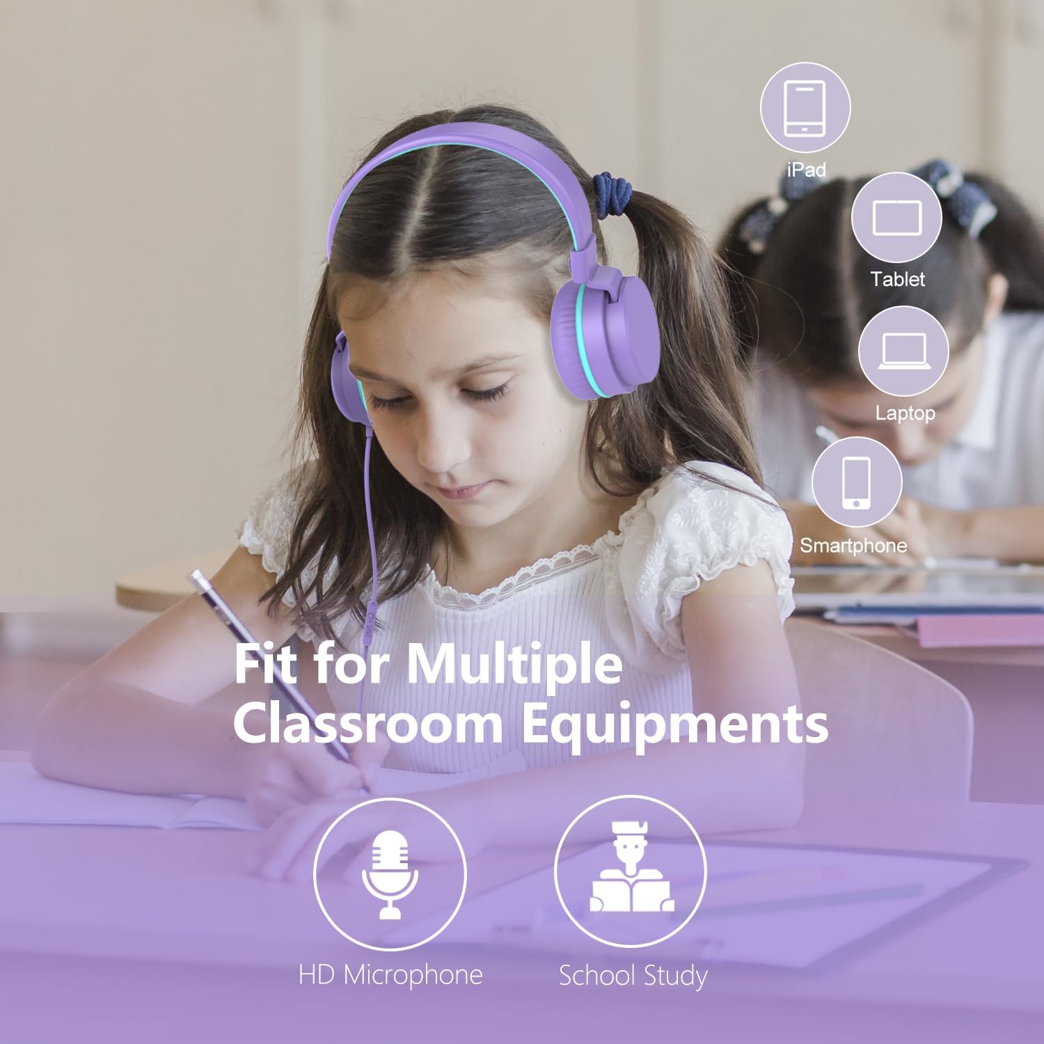 Thumbnail 6 de YOYOTUNE Kids On-Ear Headphones with Mic – Safe Volume Limiter, 3.5mm Wired, Foldable & Lightweight (Purple)