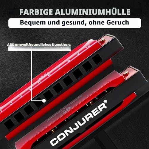 Detalle de Conjurer Blues Mundharmonika C-Dur WH1001 – 10-Loch Diatonische Harmonika, rotes Aluminiumgehäuse