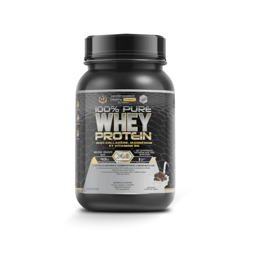 Detalle de Healthy Fusion Whey Protein 43 g par dose – Protéine Whey Pure avec Collagène, Magnésium et Vitamine B6 (Chocolat, 1 kg)