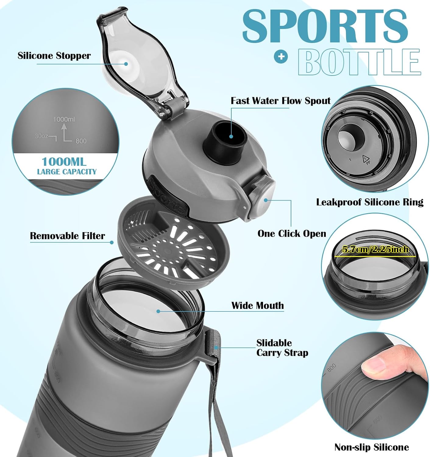Detalle de CodiCile Water Bottle 1L – BPA Free Leak-Proof Sports Bottle (Dark Gray)