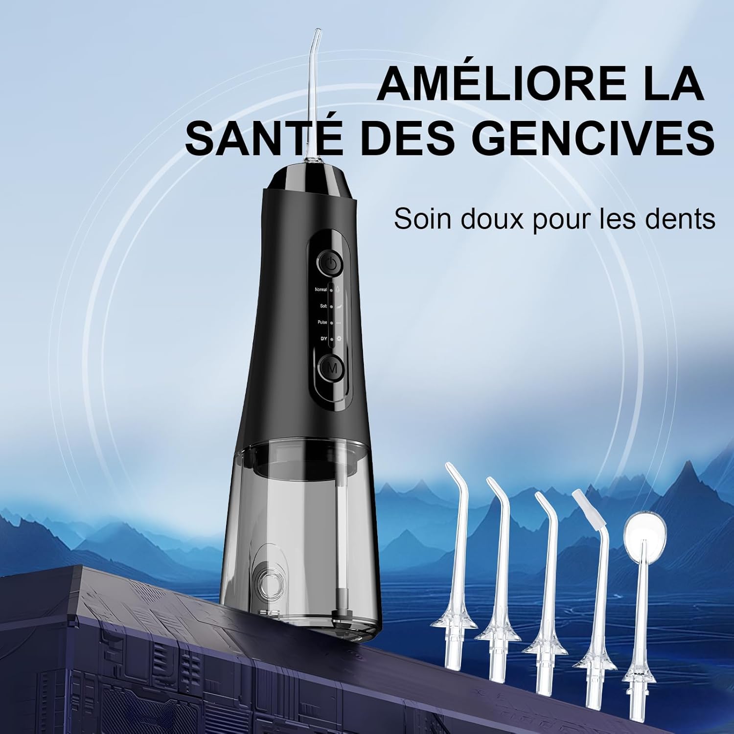 Detalle 2 de Hydropulseur Jet Dentaire 320ML – 4 modes, 5 buses, IPX7, autonomie jusqu’à 40 jours