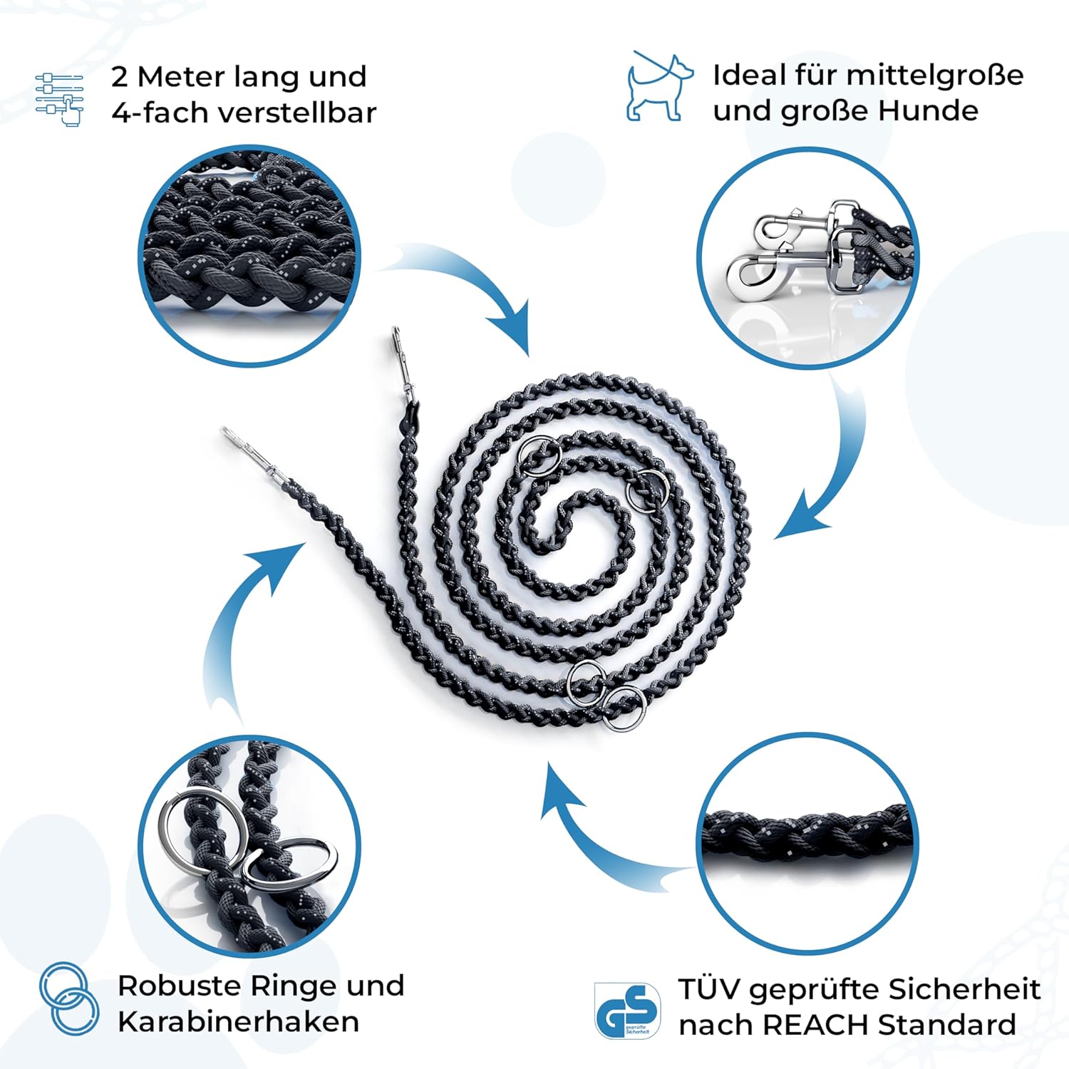 Thumbnail 2 de Testnote Sehr gut: Hundeleine reflektierend I 3 m, verstellbar, wetterfest & reißfest bis 250 kg – Paracord Führleine