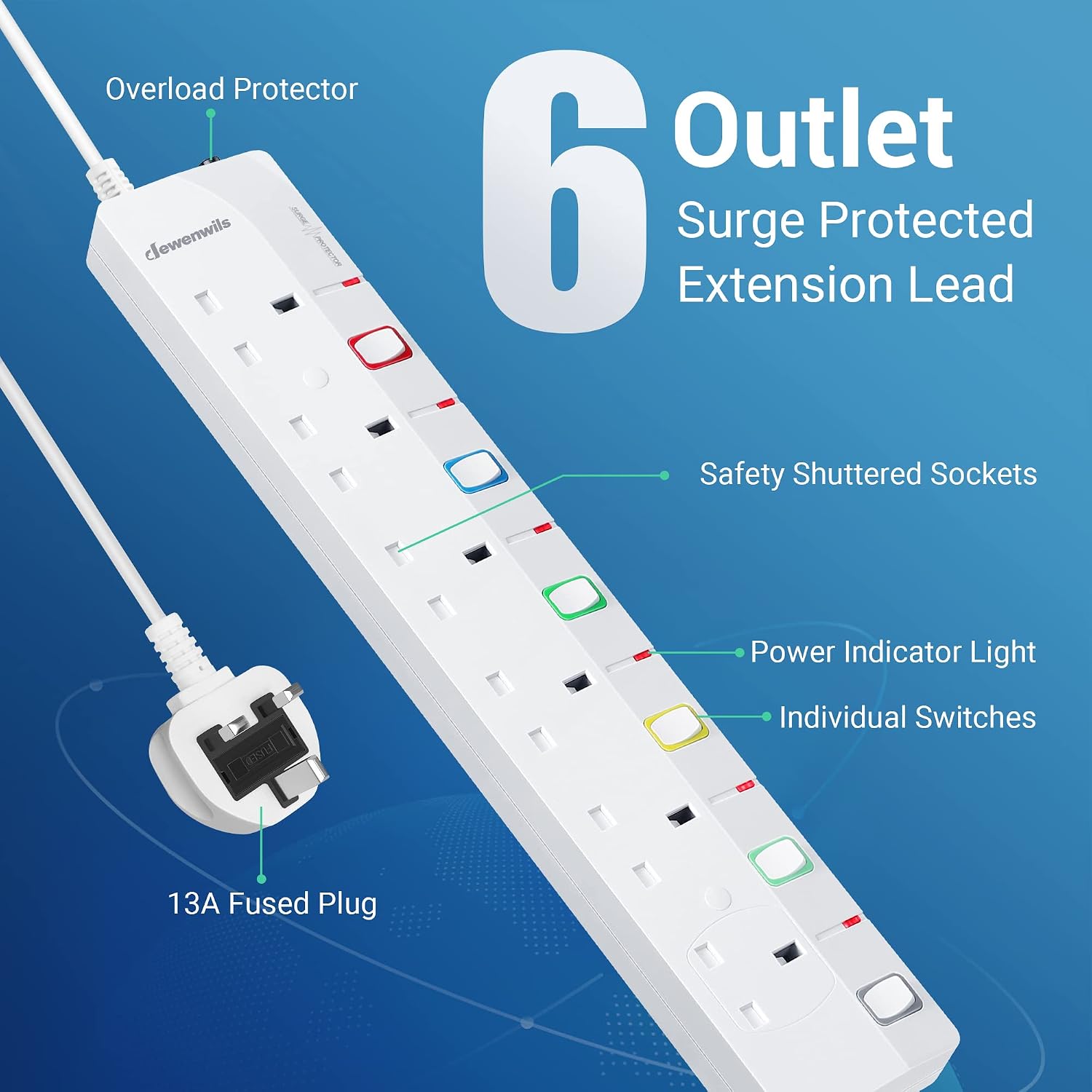 Detalle 2 de DEWENWILS 6Way Extension Lead with Individual Switches