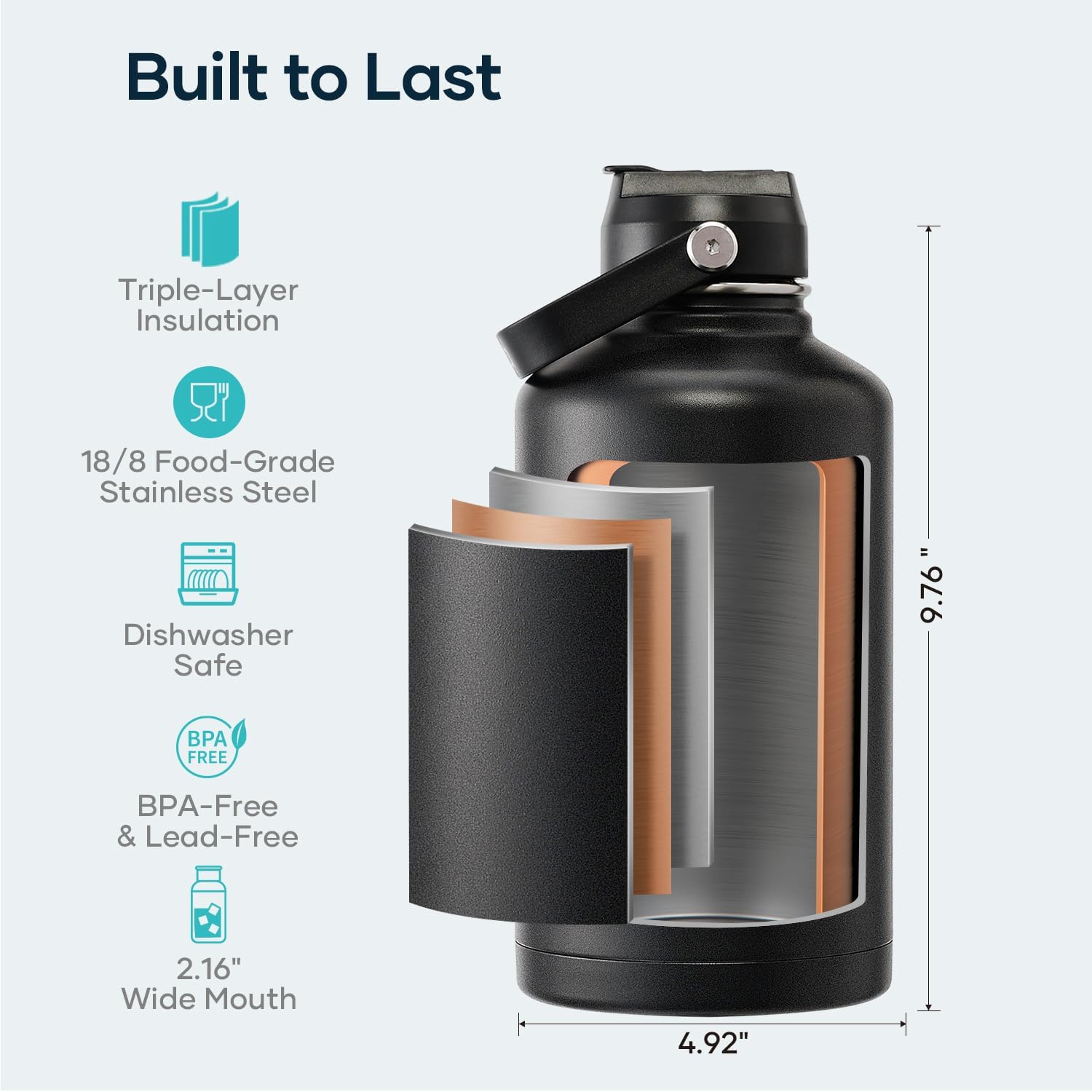 Detalle 2 de BUZIO Triple-Wall Vacuum Insulated Water Bottle, 64 oz, Stainless Steel