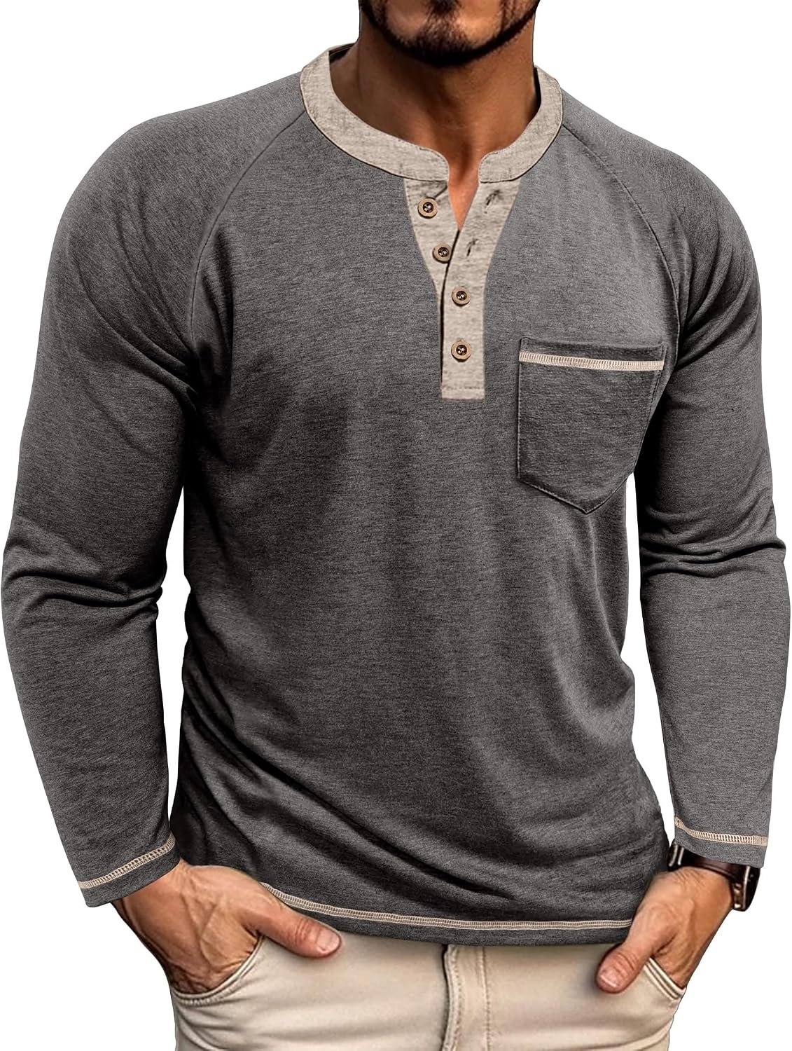 Thumbnail 6 de Henley Shirt Herren Langarm Langarmshirt