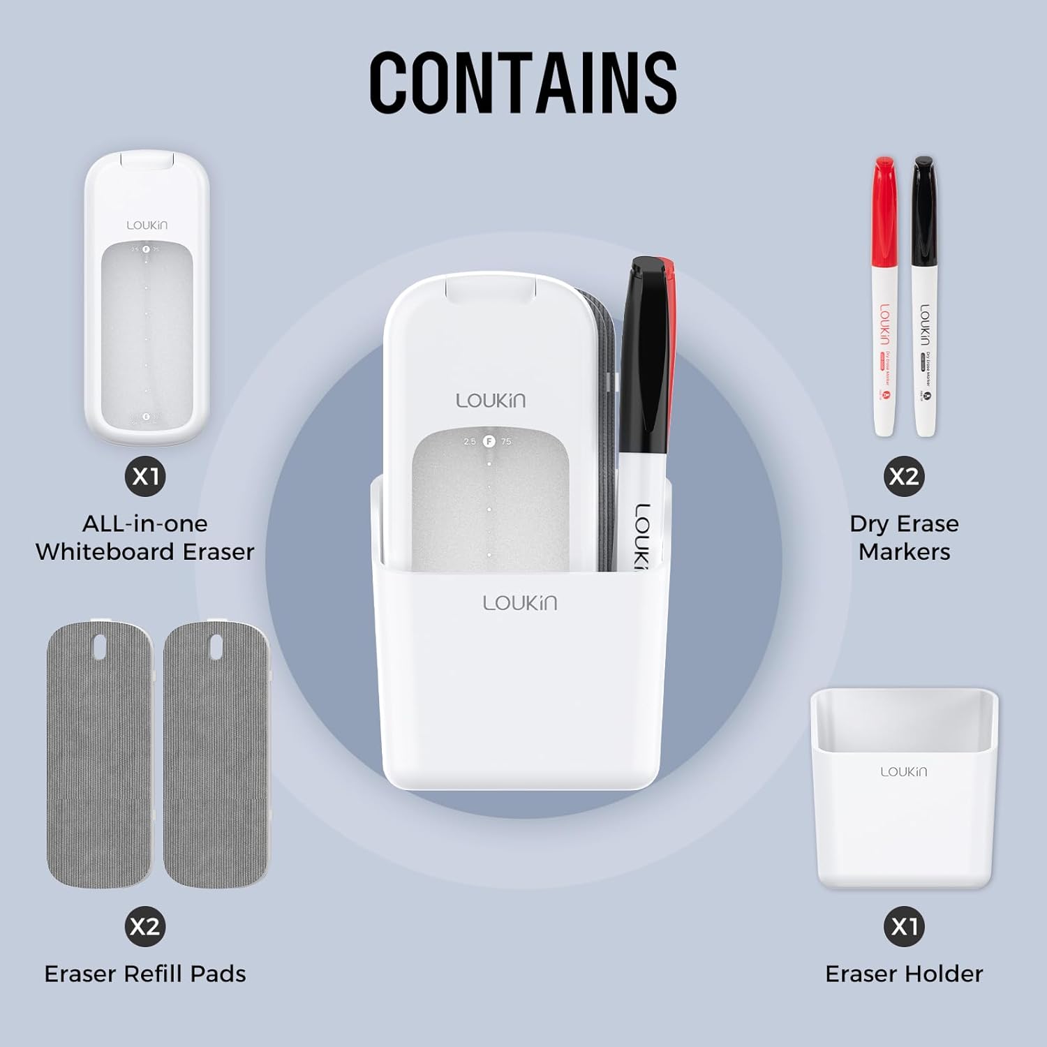 Detalle 2 de LOUKIN Inventive All-in-One Dry Erase Eraser with Built-in Cleaner, Magnetic Holder & 2 Refill Pads