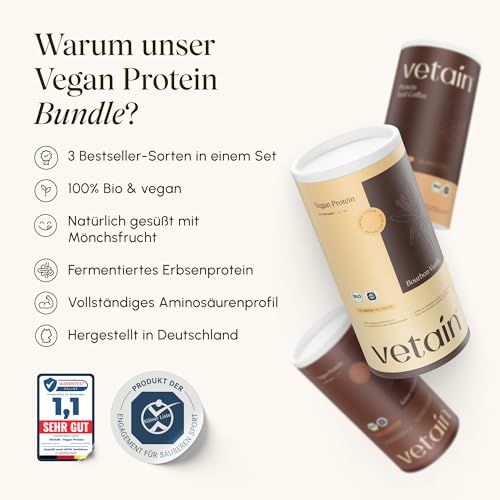 Detalle de VETAIN Vegan Protein Set – 3x Proteinpulver in Vanille, Kakao und Iced Coffee (21 g Protein) inkl. Edelstahl-Shaker