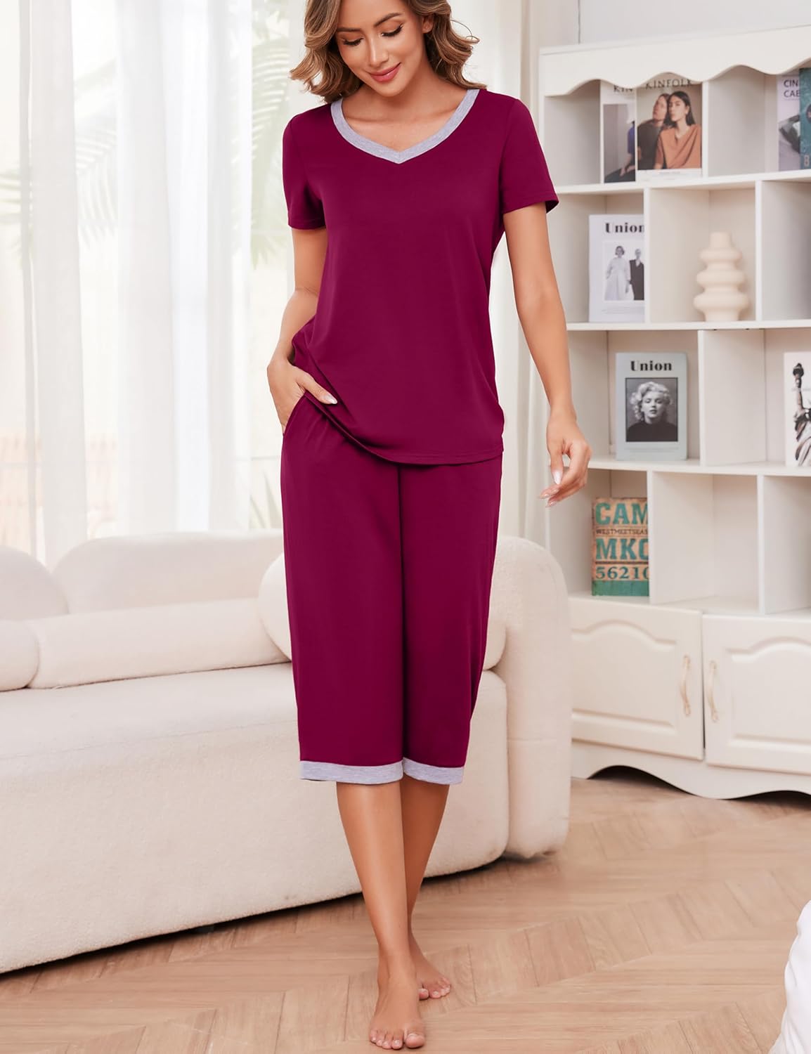 Thumbnail 3 de Actcat Damen-Schlafanzug Zweiteiler mit V-Ausschnitt, Kurzarm-Top und 3/4-Hose