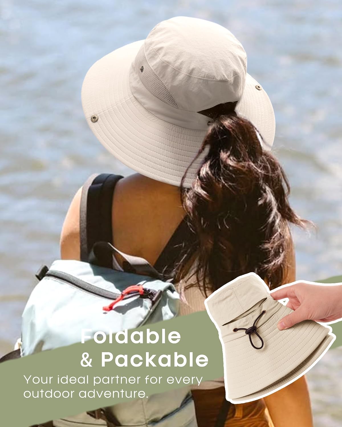 Detalle de FURTALK Women's Sun Hat with Ponytail Hole: Wide Brim UV Protection for Beach, Hiking, and Outdoor Adventures