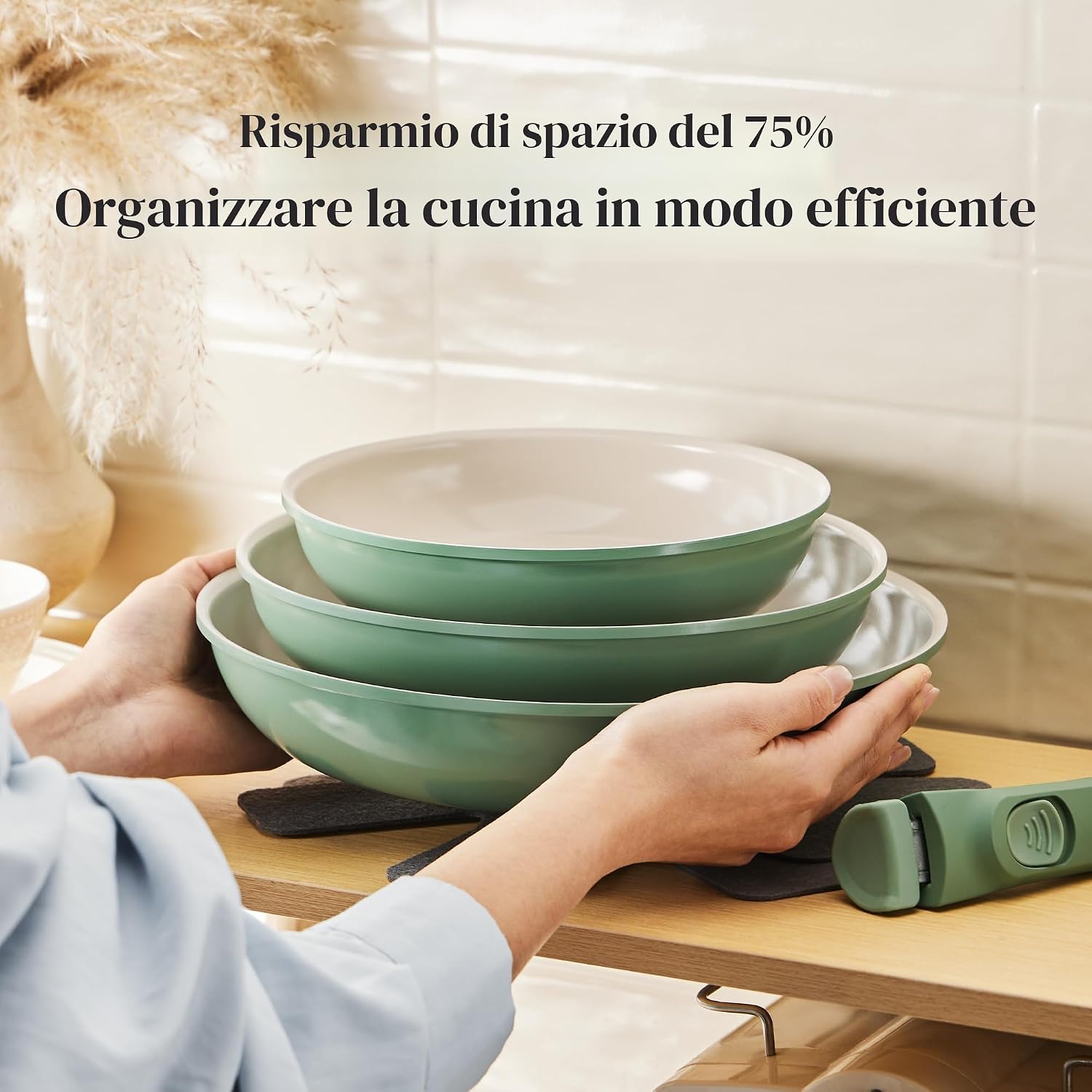 Detalle de Redchef Set Padelle con Manico Rimovibile (20, 24, 28 cm) in Ceramica Antiaderente al Granito, per Induzione