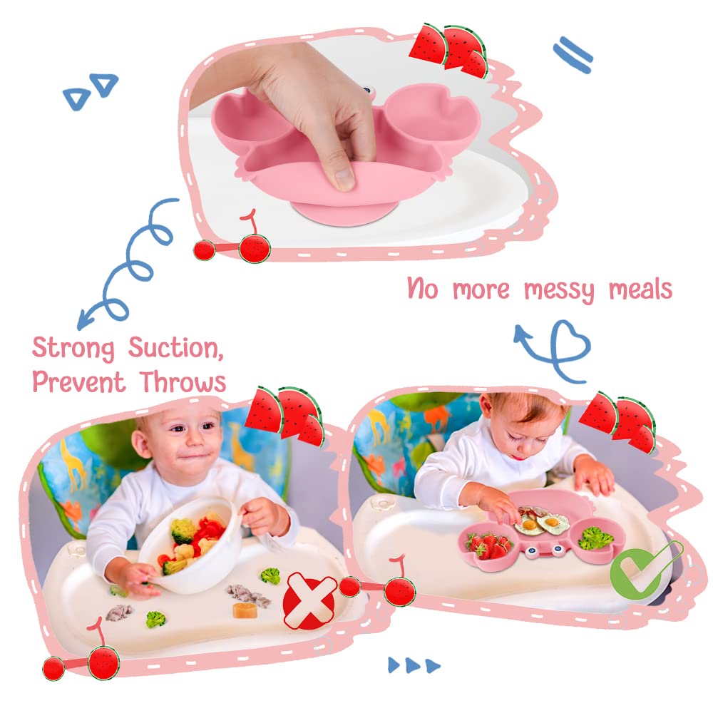 Thumbnail 4 de Vicloon Baby Teller aus Silikon mit Saugnäpfen – rutschfest, BPA-frei und spülmaschinenfest (rosa-Krabbe)