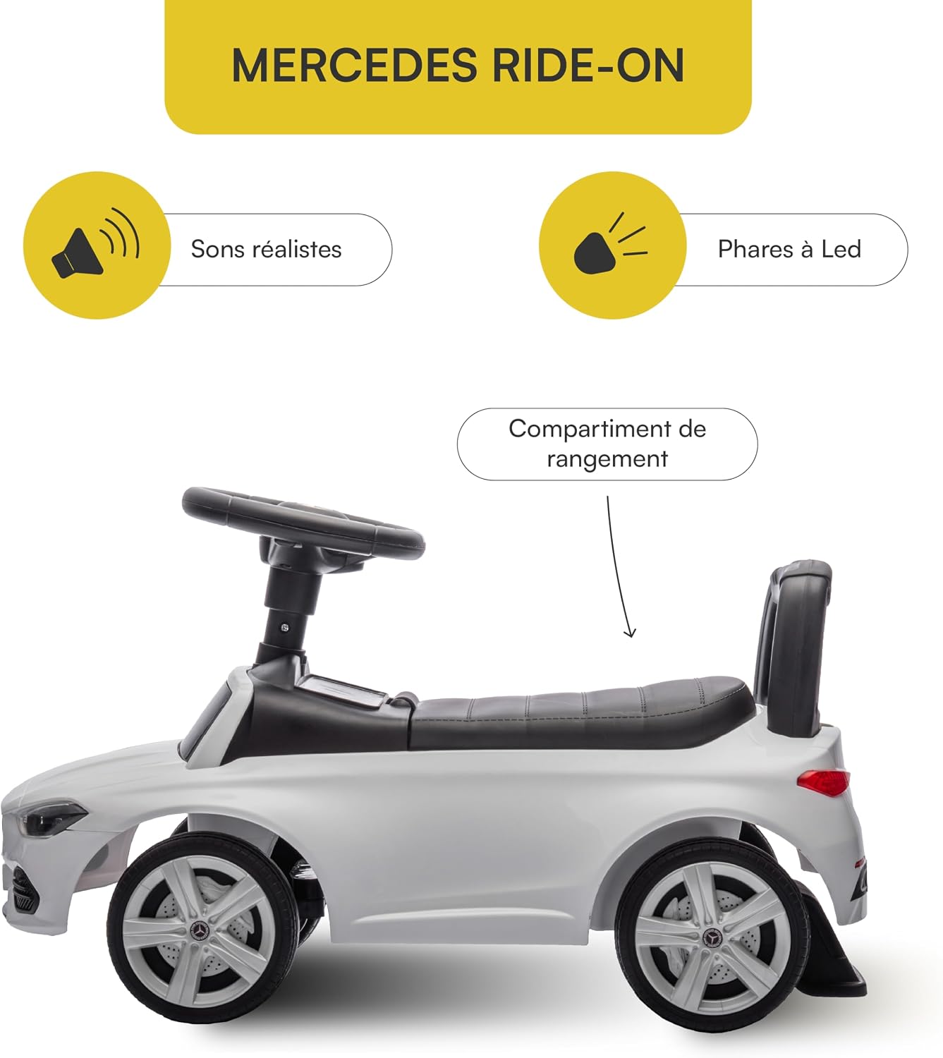 Detalle de Baroni Toys Mercedes Ride-On pour enfants (1–4 ans) – blanc, lumière LED, sons réalistes et sécurité anti-basculement