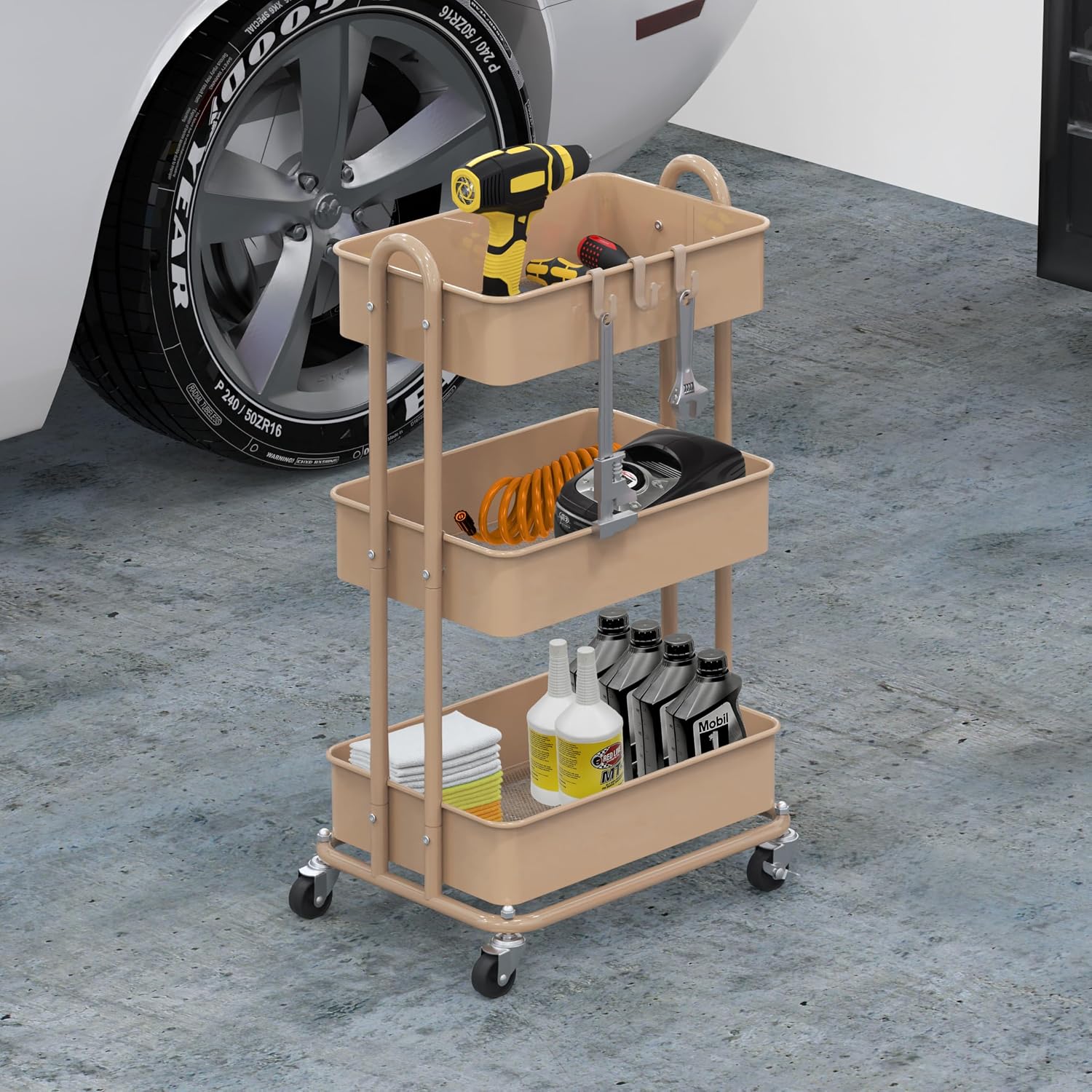 Detalle 2 de Simple Houseware CB-10C-I 3-Tier Metal Rolling Utility Cart, Khaki