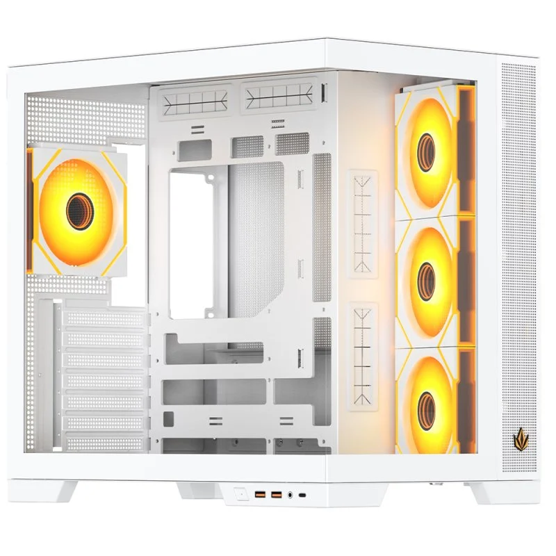 Detalle de Forgeon Tiberium EVO: Torre ATX ARGB con cristal templado y USB‑C, diseño full-view