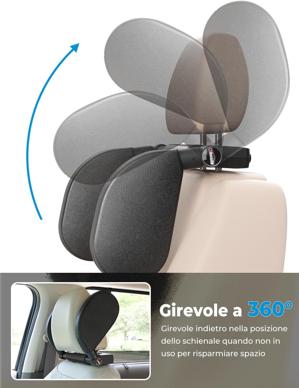 Detalle de Oasser Poggiatesta Auto CA1 360° Regolabile – supporto per collo e testa, nero