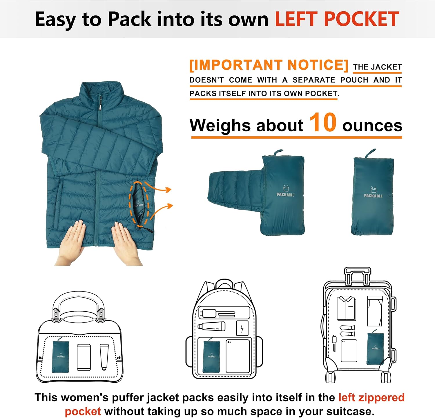 Detalle 2 de Outdoor Ventures Womens Winter Lightweight Packable Puffer Jacket with Sorona insulation