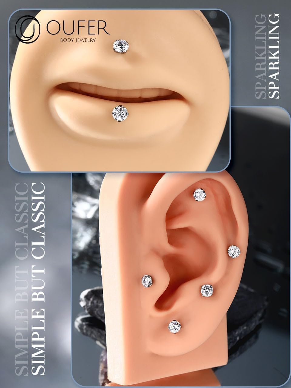 Detalle de OUFER Body Piercing Push In Lip Stud 18G en titane (labret threadless) avec CZ