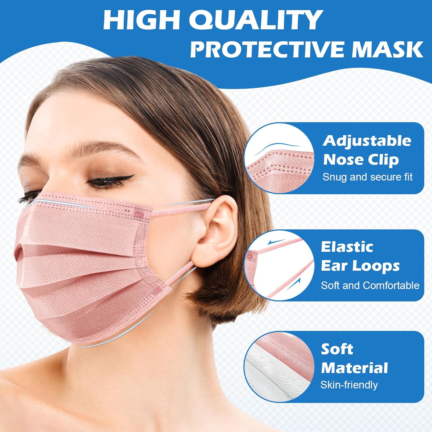 Detalle 2 de ZIYE 3-Layer Disposable Face Masks (100/500 Pack) with Nose Clip & Elastic Ear Loops