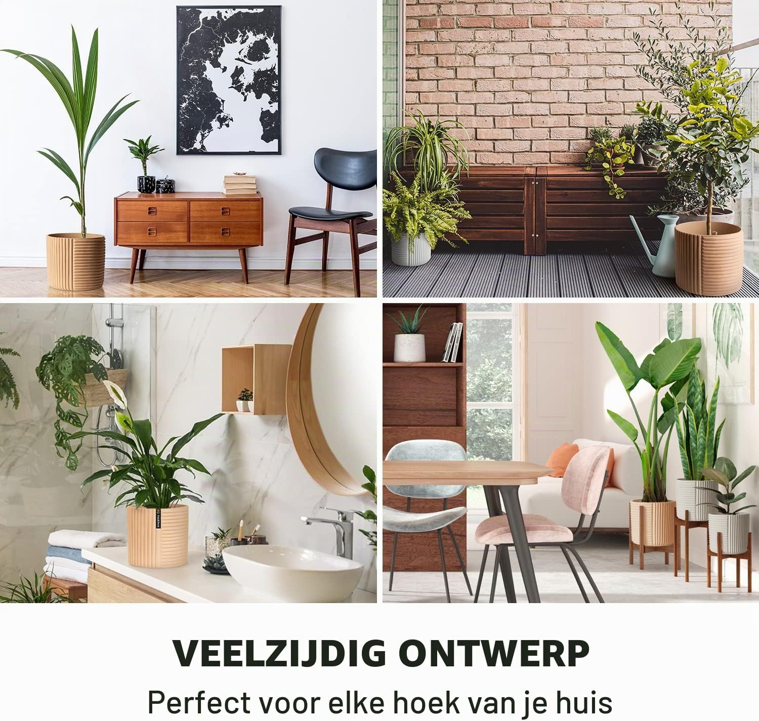 Detalle 2 de Fox & Fern PP-ROUND-POLY-L-MW bloempot, zandkleur met lijnstructuur en afvoer