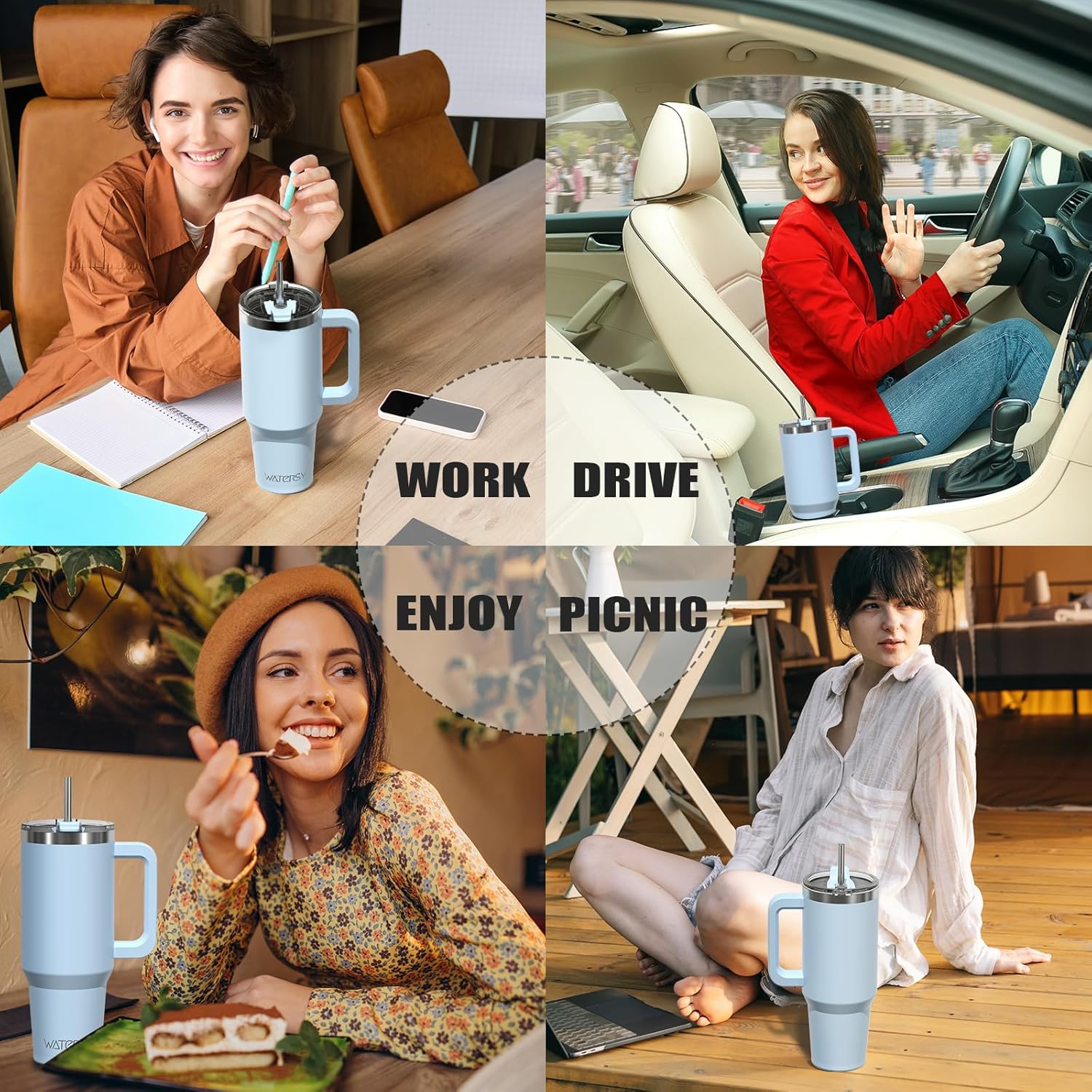 Detalle de WATERSY Travel Mug Coffee Cup 40oz: Big Stainless Steel Tumbler with Straw Lid, Handle and Double-Wall Vacuum - 1182ml, Blue