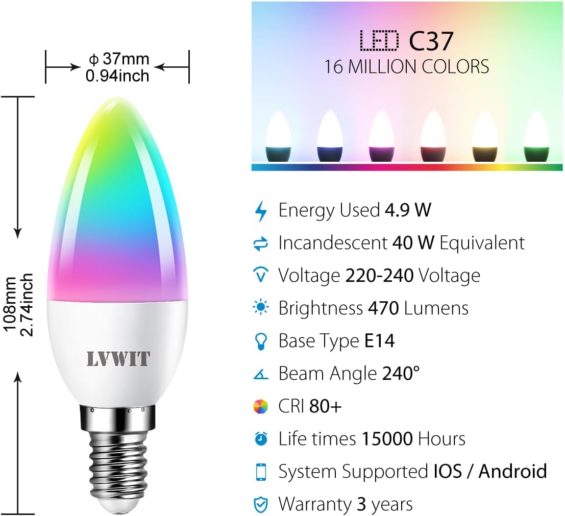 Thumbnail 3 de LVWIT E14 Screw Smart Bulb – 4.9W, 470lm, 2-Pack, Alexa & Google Assistant Compatible