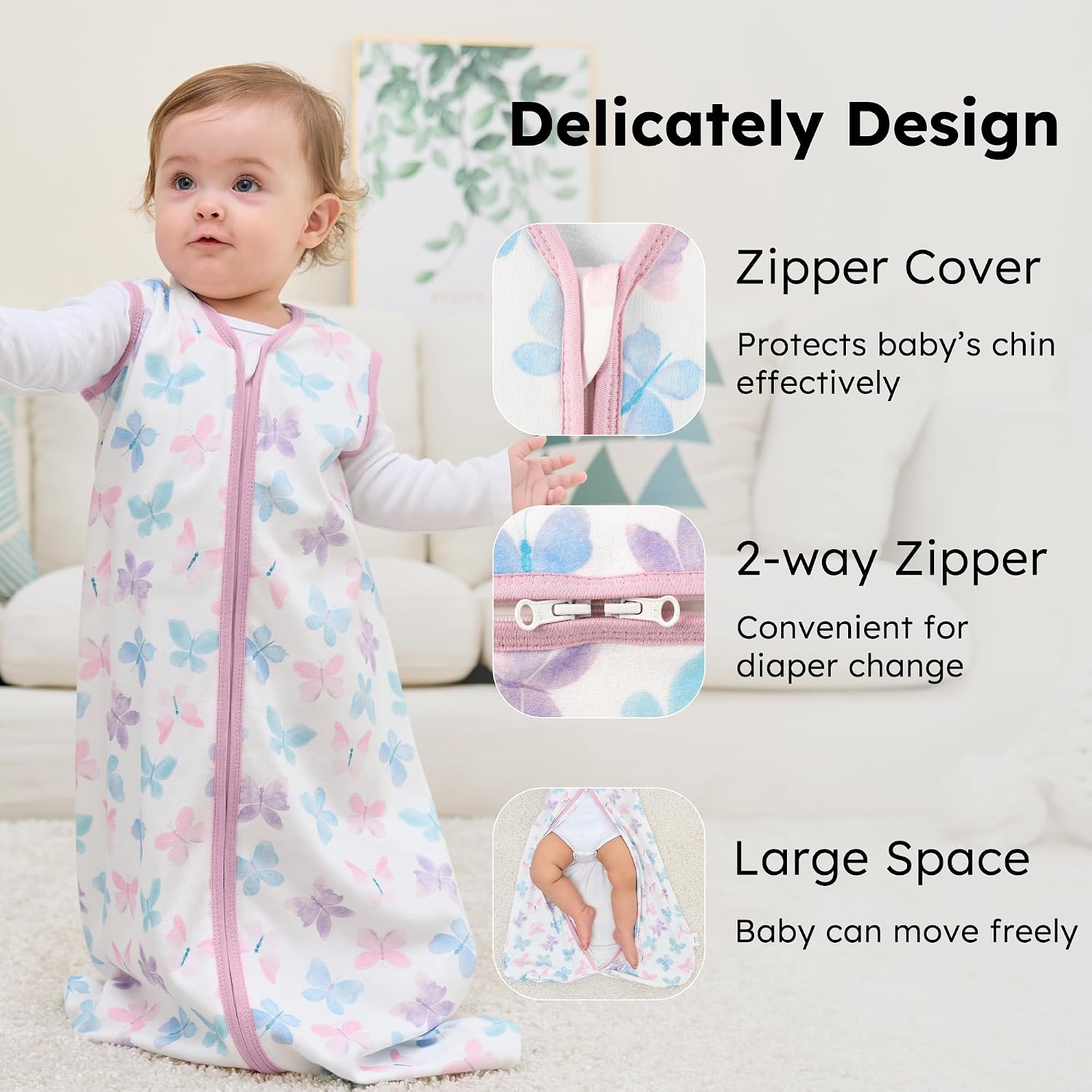 Detalle de FIEMOL Baby-Schlafsack 0,5 Tog (6–12 Monate), Baumwolle, 3er-Pack – rosa Schmetterling