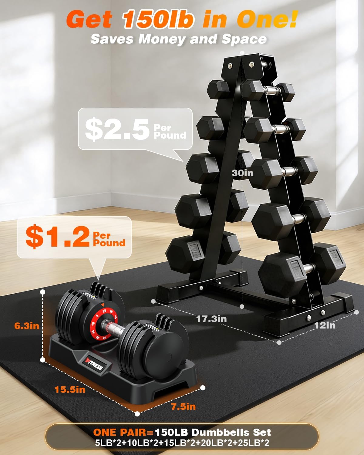Thumbnail 6 de Rendpas Adjustable Dumbbells, Quick-Lock 5–25 lb Pair with Knurled Grips