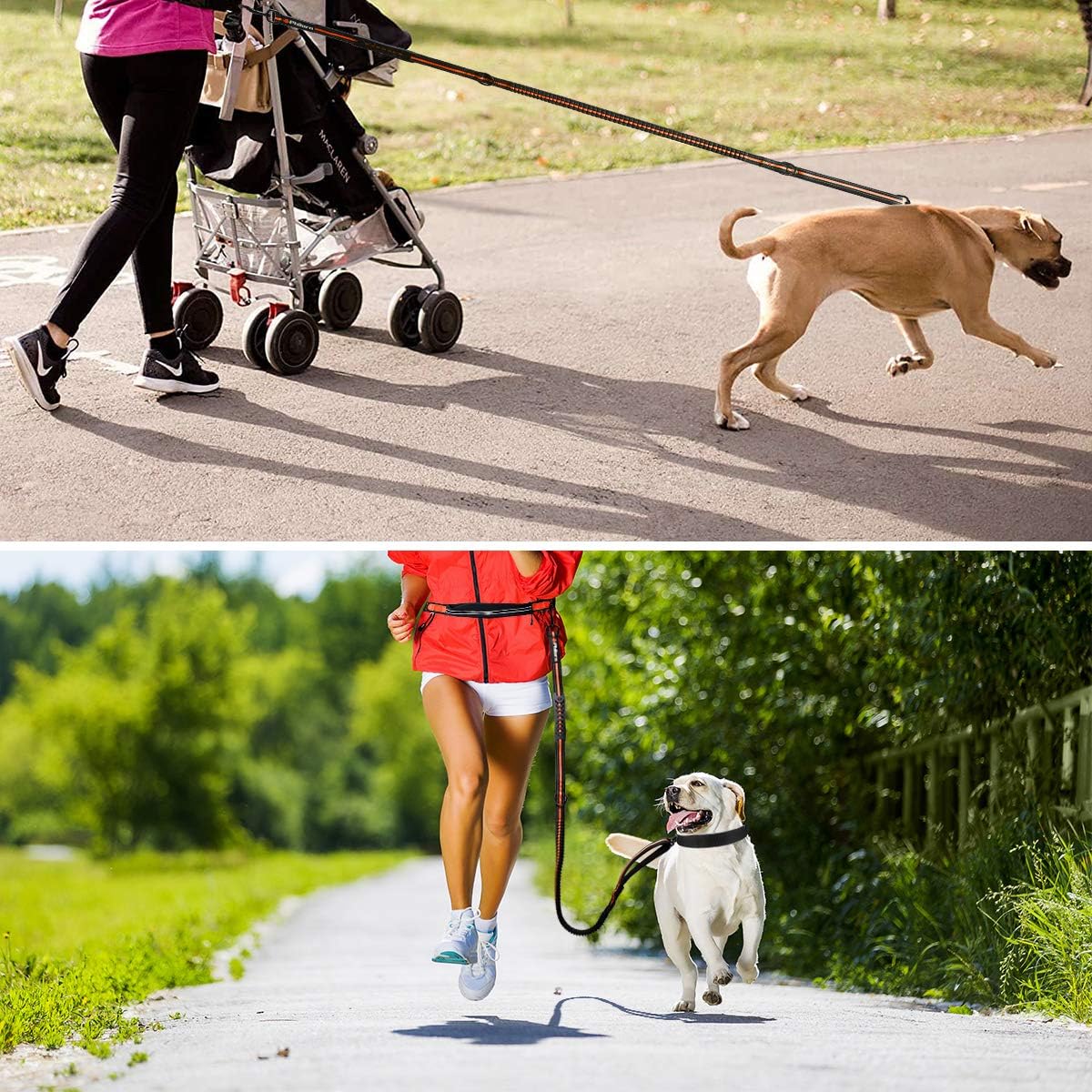 Detalle de Philorn Hands Free Dog Lead with Phone Pouch: Extendable 47"–67", Dual Handle, Reflective & Waist Pack