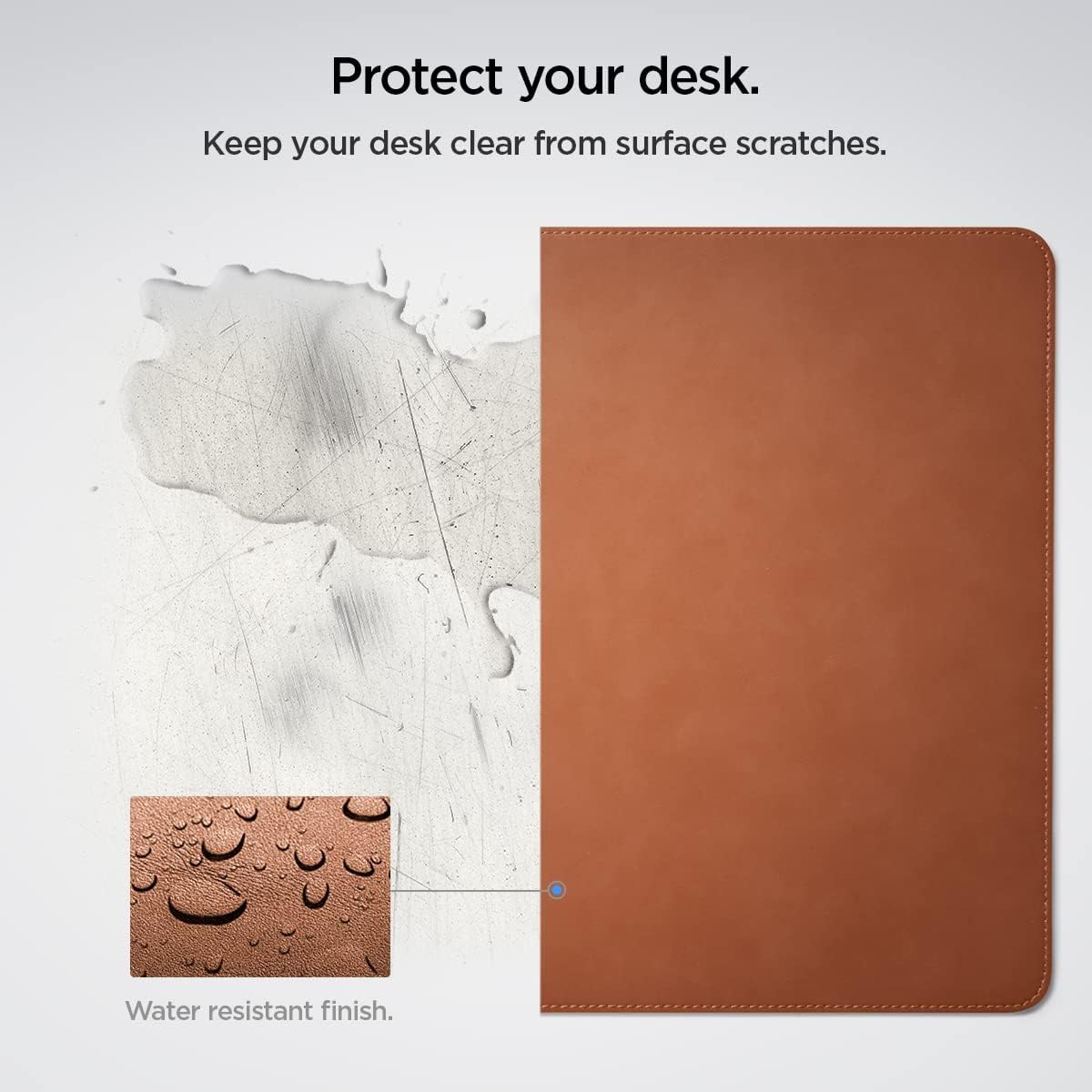 Detalle de Spigen tapis de bureau XXL en cuir PU vegan avec base antidérapante et tapis de souris imperméable, marron