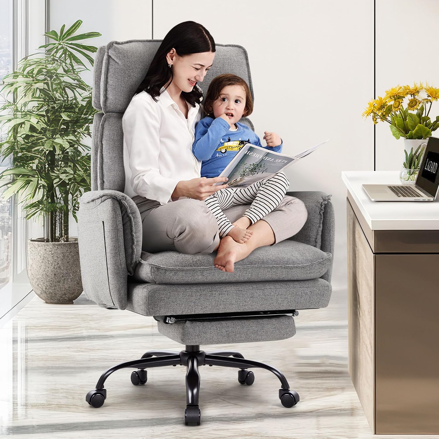 Detalle de IWMH Ergonomischer Bürostuhl XXL 227 kg – Chefsessel mit Fußstütze, Kopfstütze und 135° Neigefunktion (Grau)
