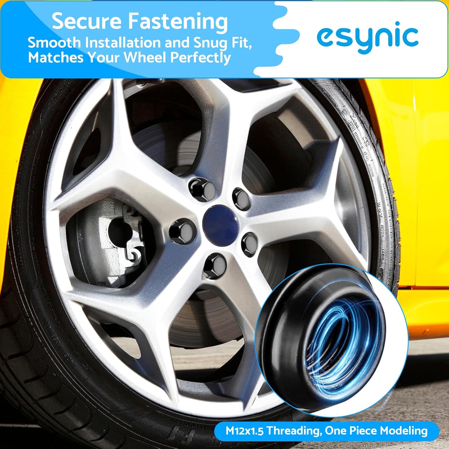 Detalle de eSynic 16-Piece Wheel Nuts Set for Ford (M12x1.5, 19mm Hex) Black Locking Nuts with Taper Washer