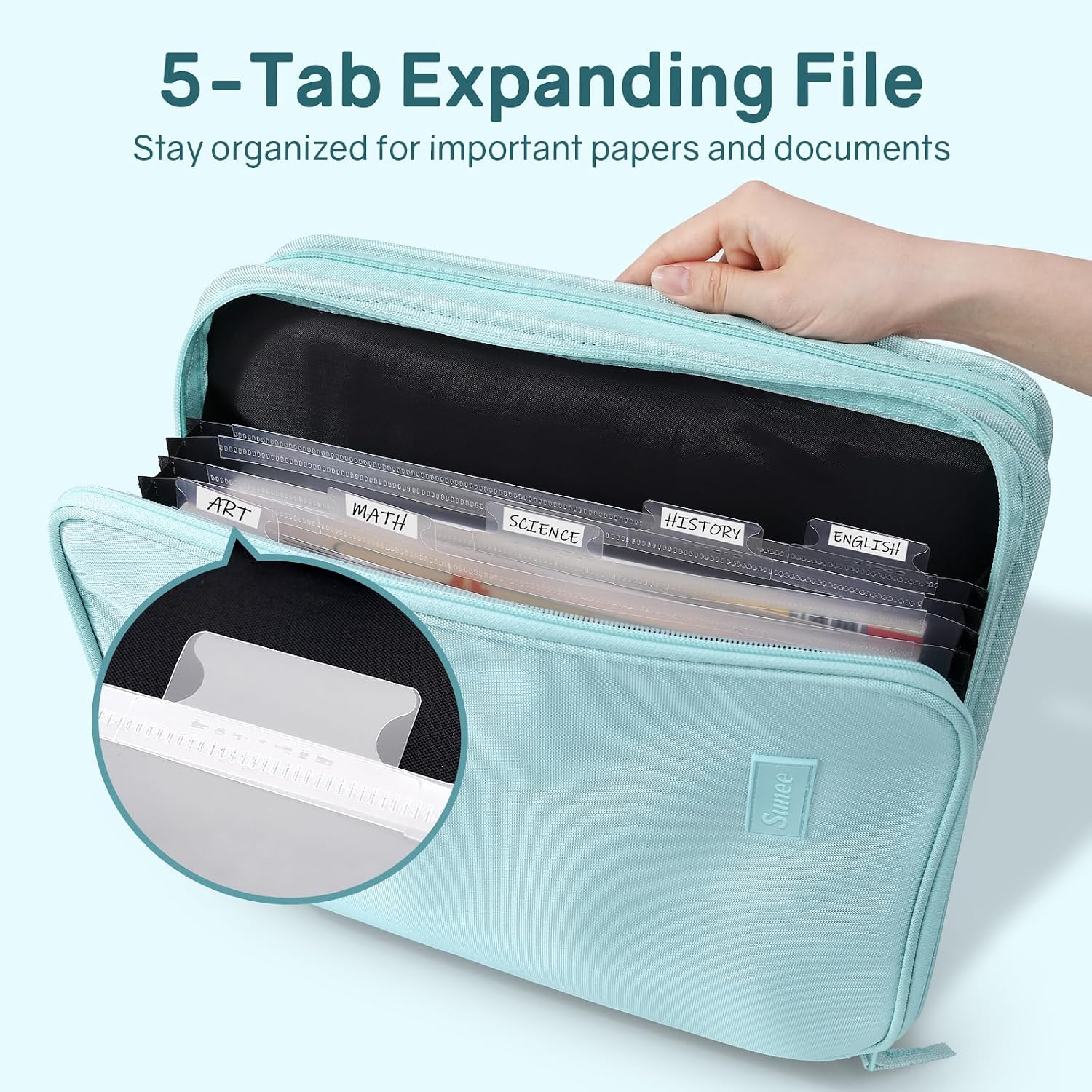 Detalle 2 de SUNEE Zippered Binder Bag with Handle, 2-Inch O-Rings, 5-Tab File, Sky Blue